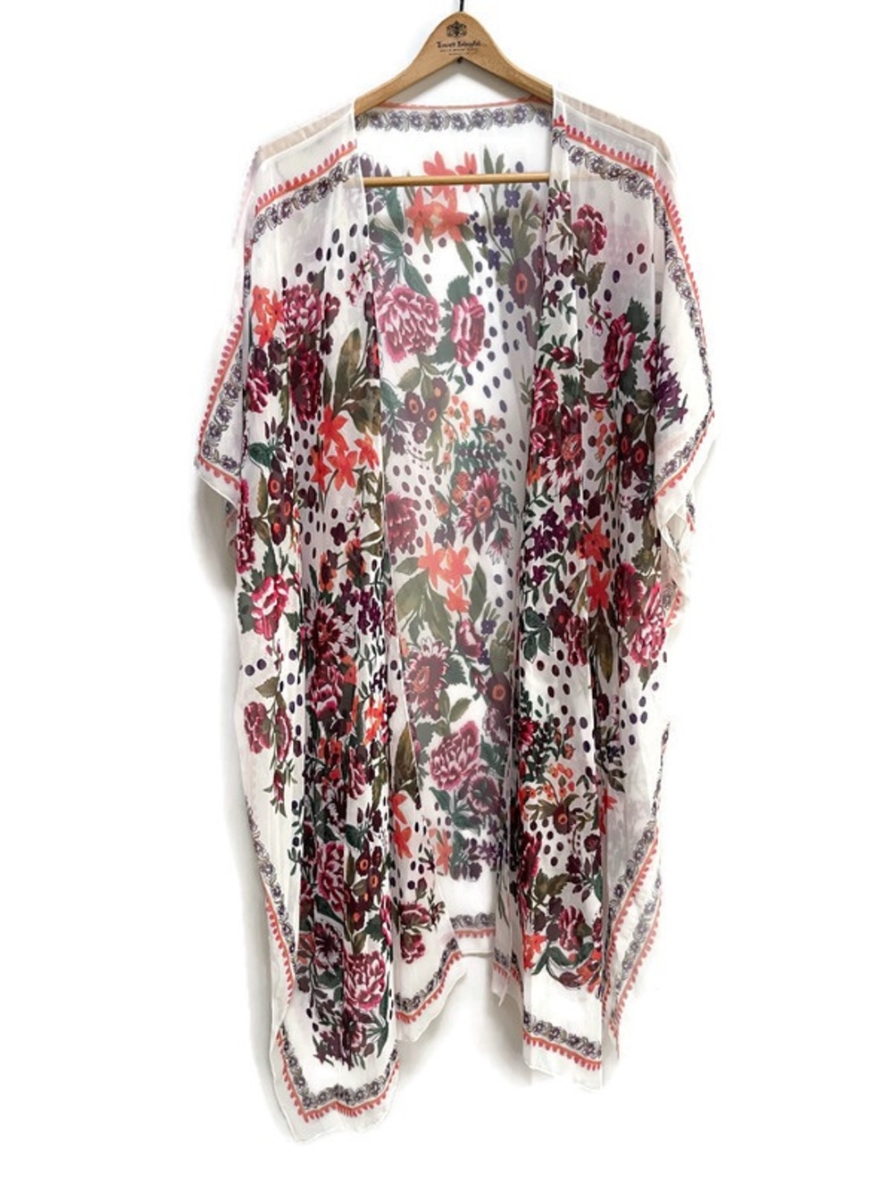Sheer Floral Kimono‎ Boho Duster Cover-Up in White with Pink & Green Flowers